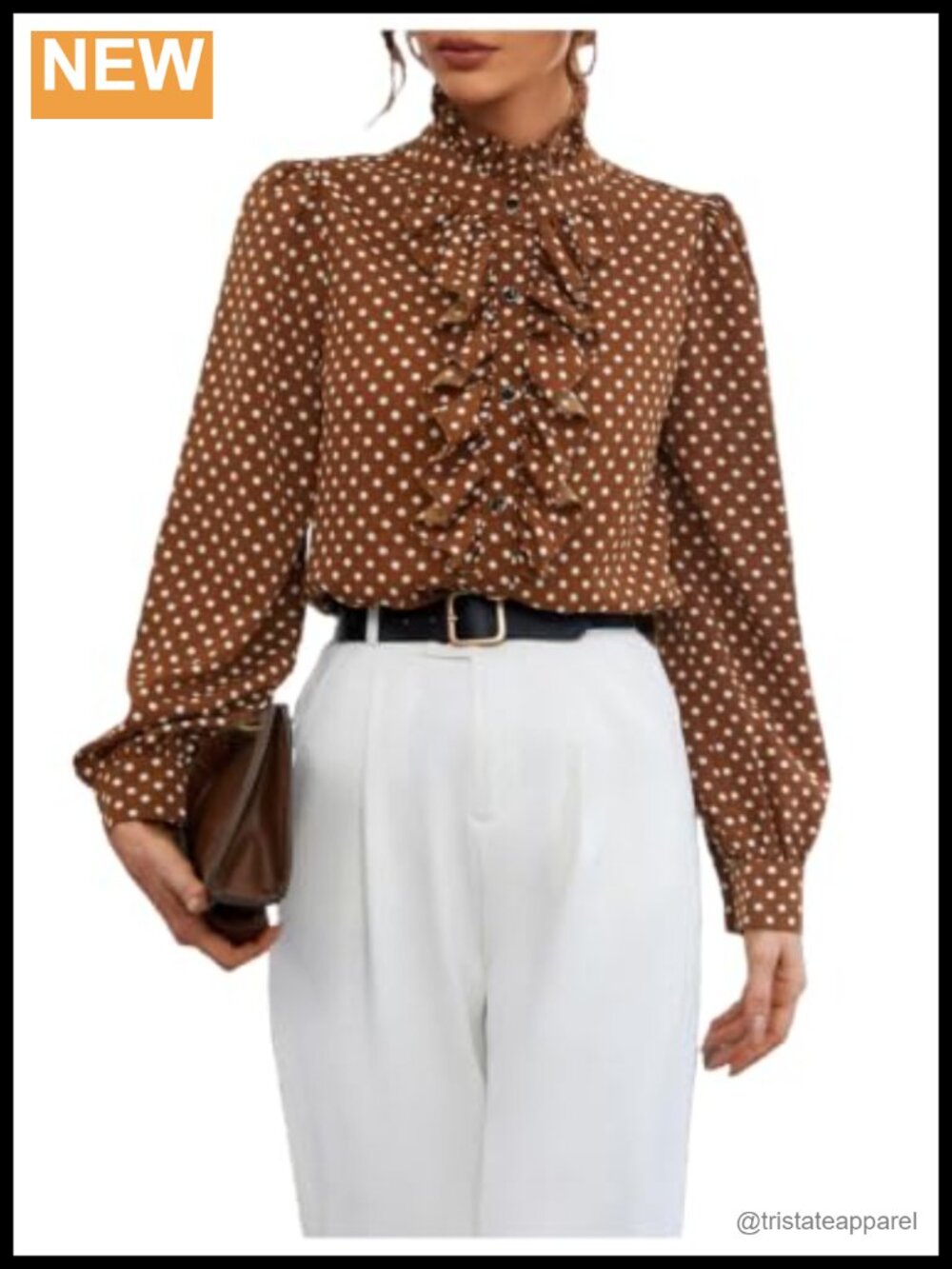 Ruffle Trim Polka Dot Long Sleeve Blouse Women's Business Casual Mock Neck Top